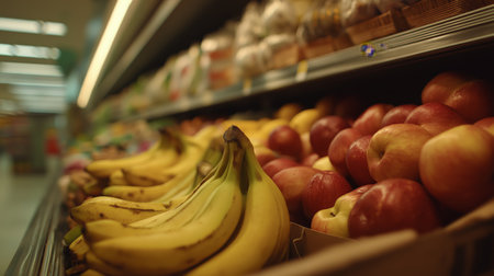 Colorful assortment of bananas and apples fills a grocery store shelf as shoppers browse nearbyの素材