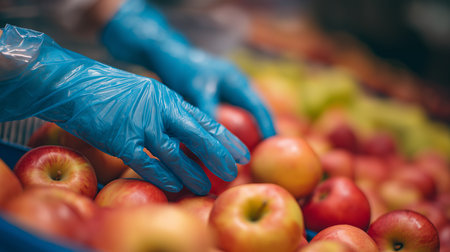 Fresh apples are being carefully chosen in a market setting during the afternoon hoursの素材