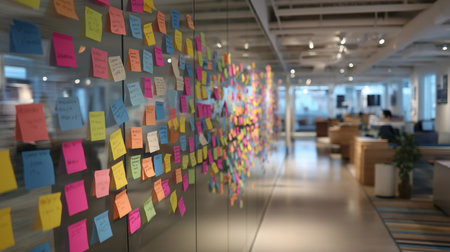 Colorful sticky notes cover a glass wall, promoting ideas and teamwork in a lively workspaceの素材