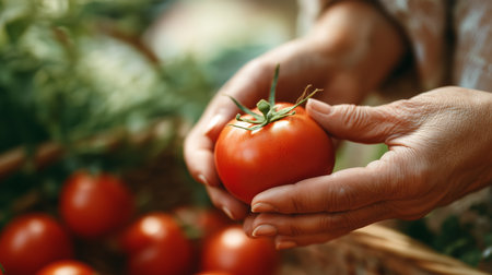 A person examines a ripe red tomato while surrounded by freshly picked tomatoes in a rustic basketの素材