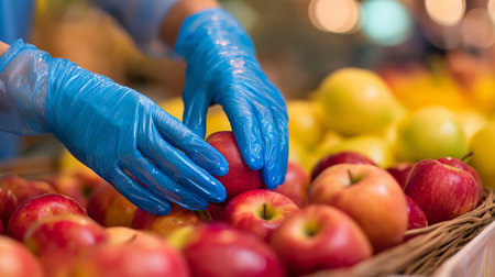 A person in blue gloves carefully chooses apples from a colorful selection at a marketの素材