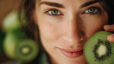 A woman holds a slice of kiwi close to her face, smiling gently with bright green eyesの素材
