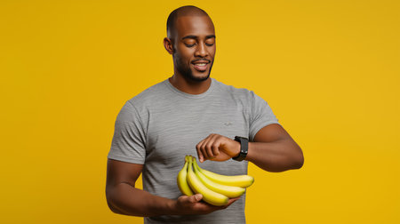 Man in a grey shirt checks his smartwatch while holding bananas on a yellow backgroundの素材