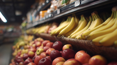 Colorful bananas and apples arranged on shelves in a grocery store showcase fresh produceの素材