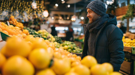 A man in warm clothing smiles while discovering fresh citrus fruits at a busy marketの素材