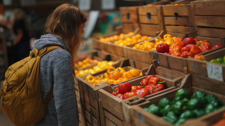 A woman admires a display of assorted bell peppers in a lively market during daytimeの素材