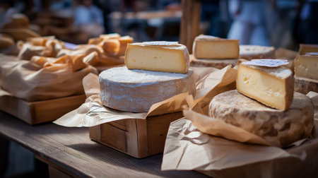 Cheeses are arranged on wooden stands at a lively outdoor market, highlighting local flavorsの素材