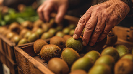 Hands carefully select ripe kiwis from a wooden crate at a bustling market in the eveningの素材