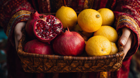 A person in colorful attire holds a woven basket filled with ripe pomegranates and lemonsの素材