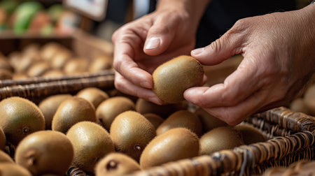 A person examines a kiwi fruit among a basket filled with fresh produce at a marketの素材