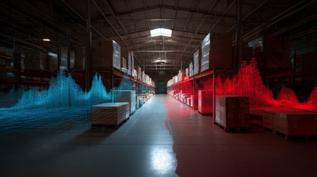 Sound waves are visually represented as blue and red patterns in a spacious warehouseの素材