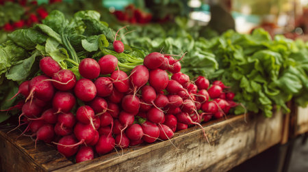 Vibrant red radishes are stacked at a farmers market surrounded by leafy greensの素材
