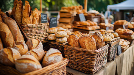 A variety of freshly baked bread arranged in baskets at an outdoor market during the morningの素材