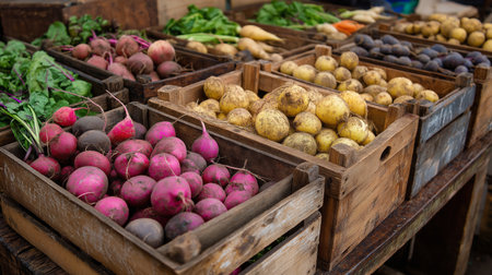 Vibrant crates filled with freshly harvested vegetables at a bustling market in the morningの素材