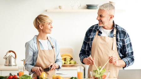 Free time together, preparing lunch for family and having funの写真素材