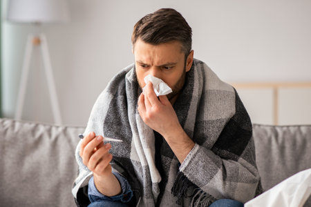 Man covered in blanket sneezing nose and checking for feverの写真素材