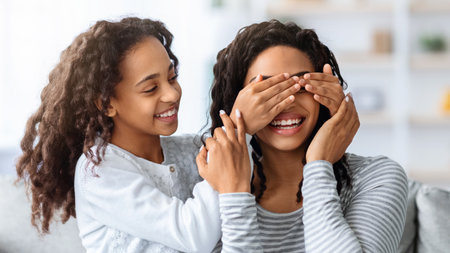 Smiling black girl closing her mother eyes, making surpriseの写真素材