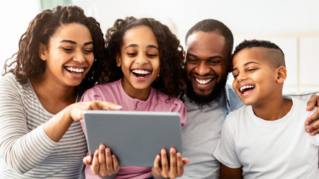 Happy African American family using tablet sitting on the couchの写真素材