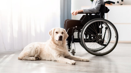 Domestic animal and human friendship concept. Disabled teen boy with his dog at home, selective focus on pet, copy spaceの写真素材