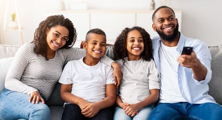 Happy young family watching television sitting on sofa
