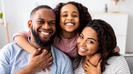 Portrait of a happy black family smiling at homeの写真素材