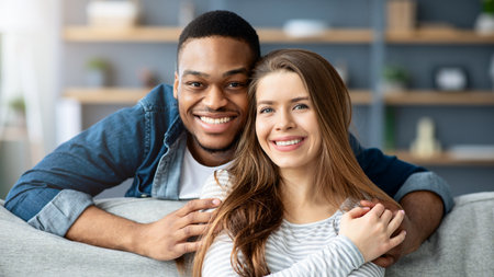 Portrait Of Romantic Interracial Couple Posing Together At Homeの写真素材