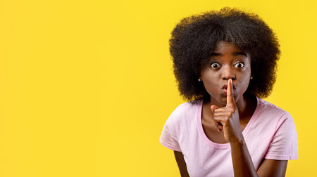 Keep silence. Black lady showing shh gesture at camera, stanfing over yellow background, studio shotの写真素材