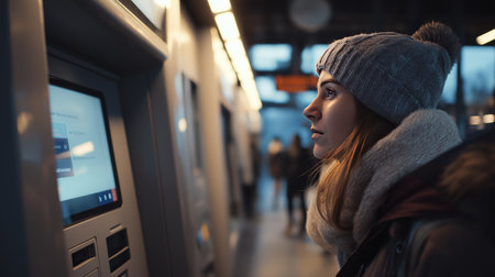 A woman in winter attire interacts with a digital kiosk at a busy urban stationの素材