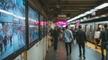 People move through a bustling subway station with monitors displaying live feeds of the crowdの素材