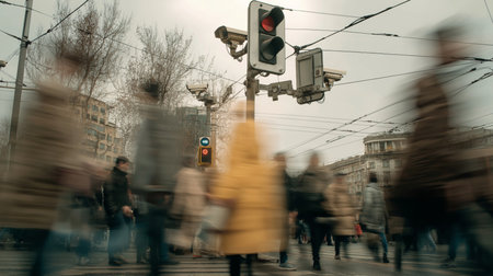 Pedestrians rush through a busy crosswalk as traffic lights direct them under gray skiesの素材