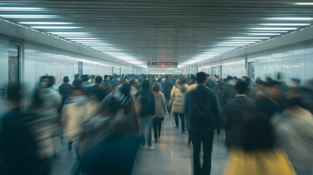 Crowded underground corridor bustling with people commuting during peak hoursの素材
