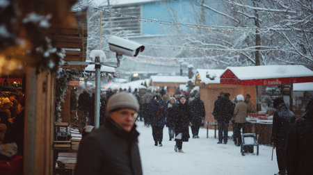 Crowds enjoy a lively winter market, snow gently falling, as festive lights illuminate the pathsの素材