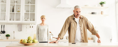 Angry couple after argue and blame, upset husband and annoyed wife, bad marriage relationshipの写真素材