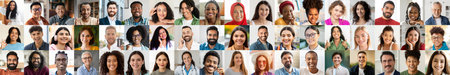 Diverse group of happy people smiling in a vibrant collage of portraitsの写真素材