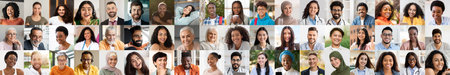 Diverse faces express joy in a vibrant collage of multiethnic portraitsの写真素材