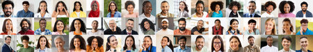 Diverse portraits showcasing happiness in a multiethnic collage of facesの写真素材