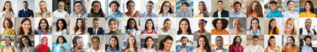 A vibrant collage features individuals from diverse backgrounds smiling joyfullyの写真素材