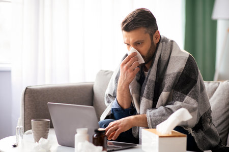 Sick man sneezing nose while working on laptop at homeの写真素材