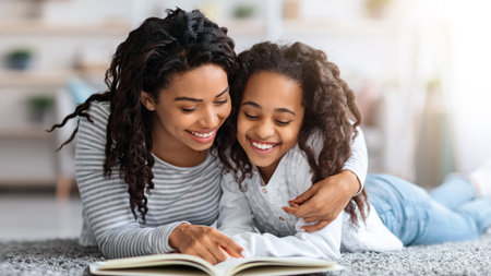 Pretty black girl reading book with her momの写真素材