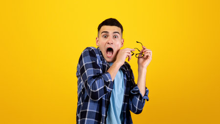 Horrified young guy yelling in panic, taking off his glasses over orange studio background