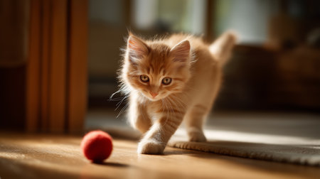 Ginger kitten curiously approaches a small red ball in a warm, sunlit roomの素材