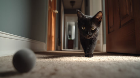 A black cat curiously approaches a small ball in a carpeted hallwayの素材