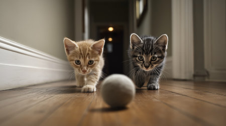 Two cute kittens explore a sunlit hallway, fixated on a ball on the floorの素材