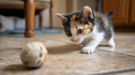 A curious kitten moves carefully towards a small ball on a tiled floor in a cozy roomの素材