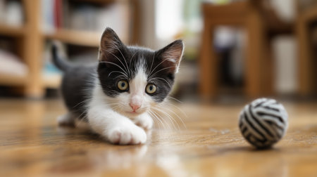 A small black and white kitten is playing in a cozy living room, focused on a yarn ballの素材