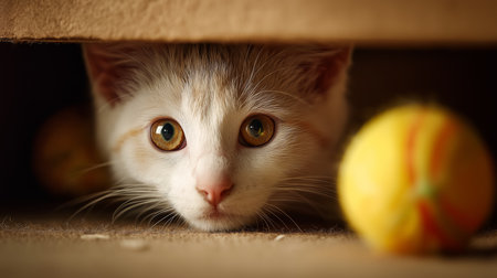 A curious cat with bright eyes peeks out from under a cardboard box, eyeing a nearby ballの素材
