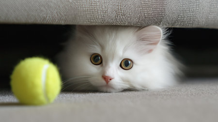A curious white cat peeks out from under a couch, eyeing a bright yellow tennis ballの素材