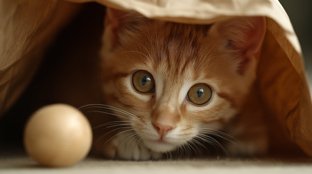 A curious orange kitten peers out from under a paper bag, focused on a nearby wooden ballの素材