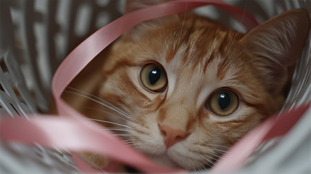 An orange cat curiously peers out from a woven basket surrounded by soft pink ribbonsの素材