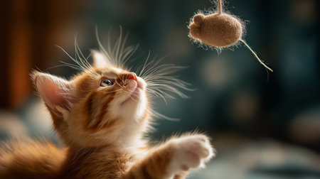 A playful orange kitten reaches for a dangling toy mouse in a calm room settingの素材